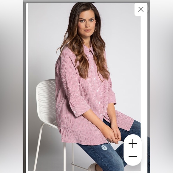 ULLA POPKEN Textured Stripe Button Front Stretch Blouse Sz 12/14 Magnolia Red - Picture 4 of 14